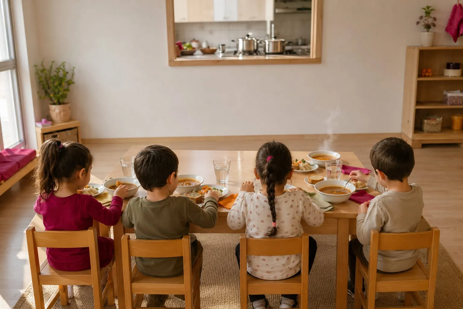 Anaokulu yemekhanesinde masada birlikte yemek yiyen okul öncesi çocuklar