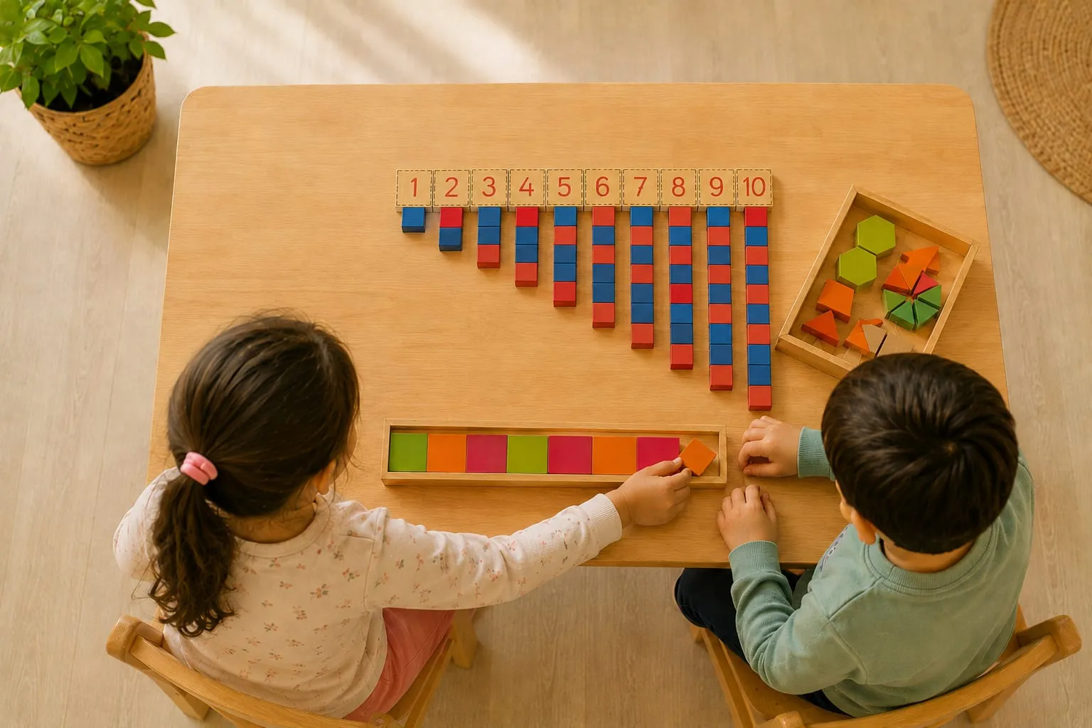 Matematik etkinliğinde sayı ve örüntü materyalleriyle çalışan çocuklar