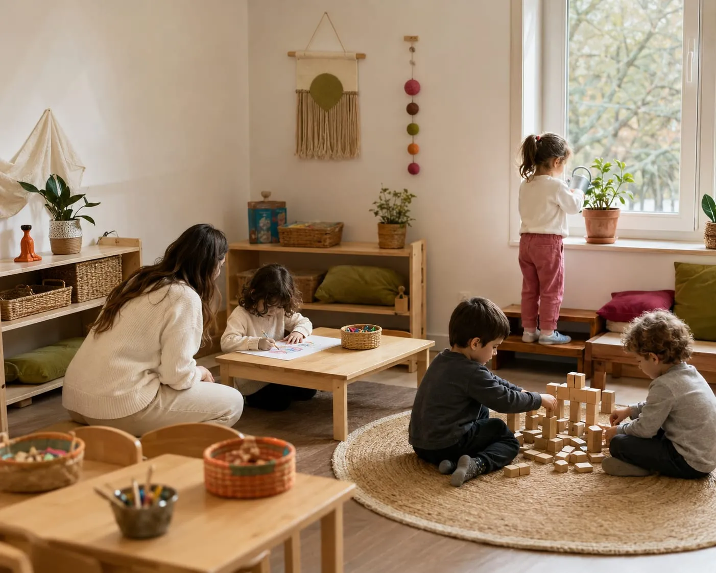 Montessori materyalleriyle çalışan okul öncesi çocuk